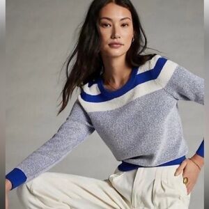 Maeve by Anthropologie Paulina Blue and White Crew Neck Sweater